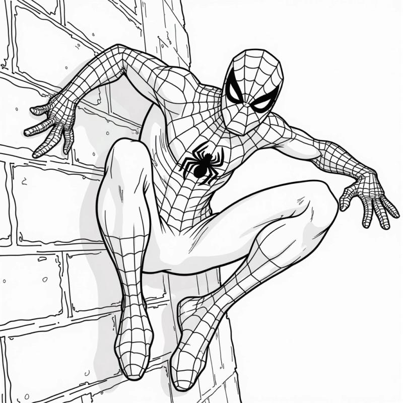 Spiderman crawling on a wall coloring page