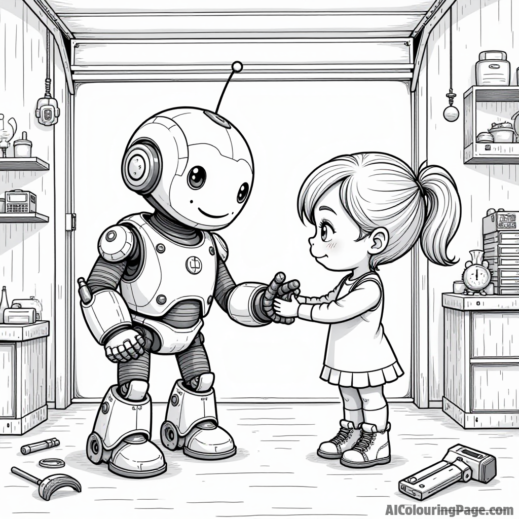 A friendly robot helping a young girl fix a spaceship in a garage, with tools and parts scattered all around.