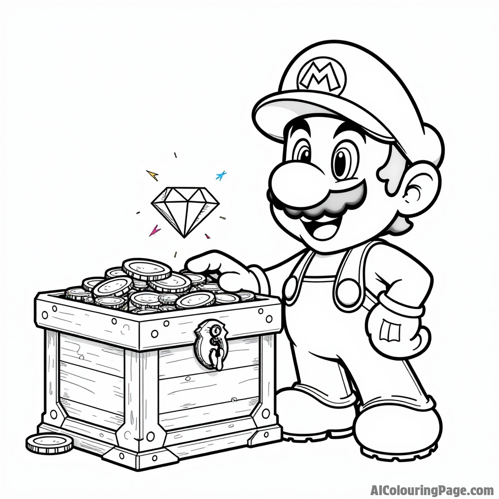 A treasure chest overflowing with gold coins and a sparkling diamond next to a happy Mario.