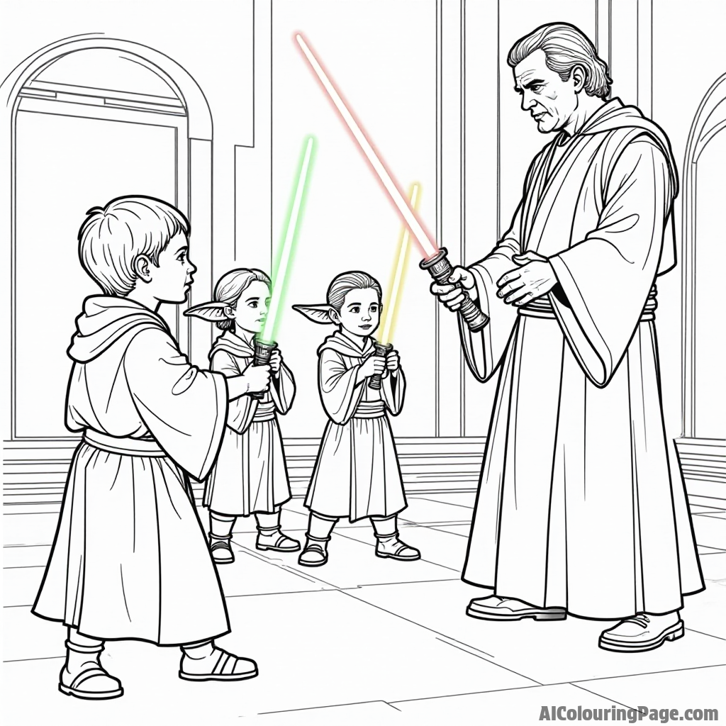 A group of younglings practicing lightsaber forms under the guidance of a wise Jedi master in a training dojo.