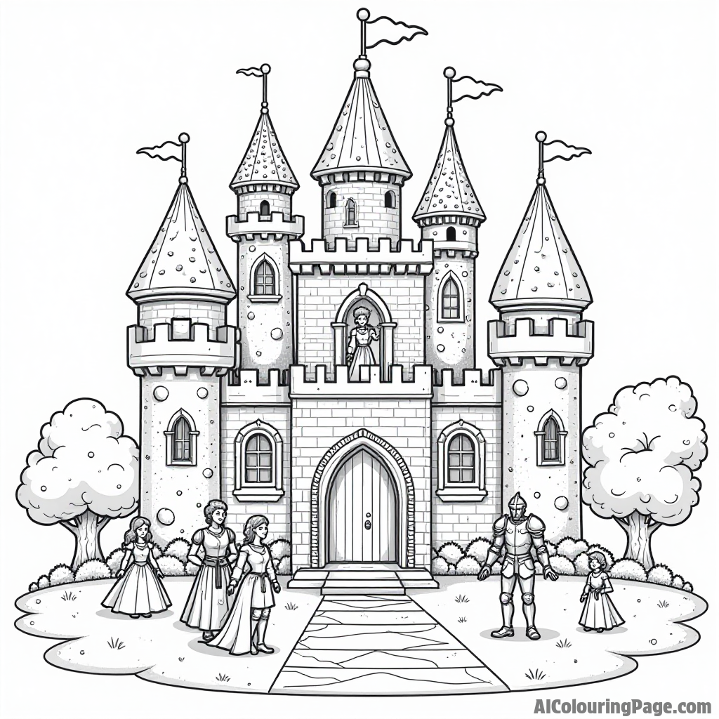 A whimsical castle made entirely of donuts, with princesses and knights celebrating a grand feast in the courtyard.