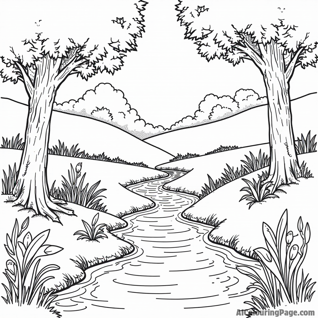 A peaceful stream flowing through the Garden with Adam and Eve