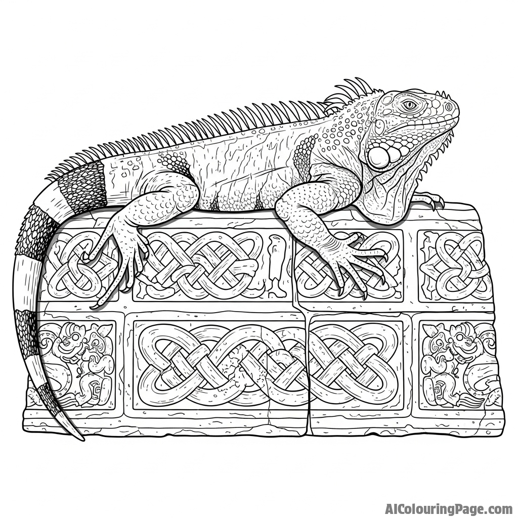 An iguana basking on a sun-drenched ancient stone carving.