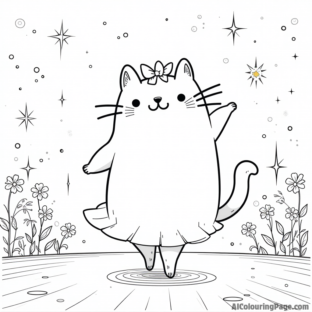 Pusheen as a ballerina dancing on stage with sparkling lights and flowers in the background celebrating performance