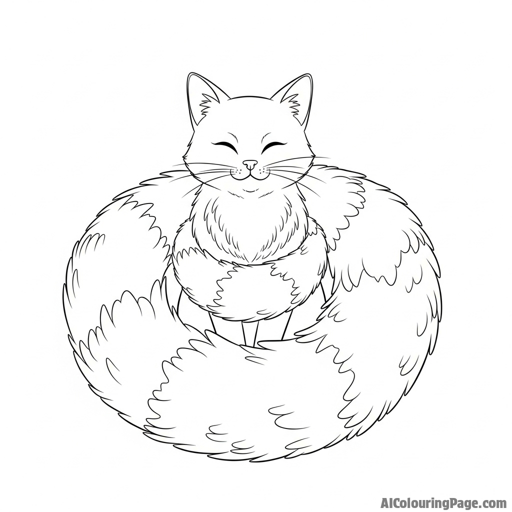 A cat with an impressive, fluffy tail curled around its body.