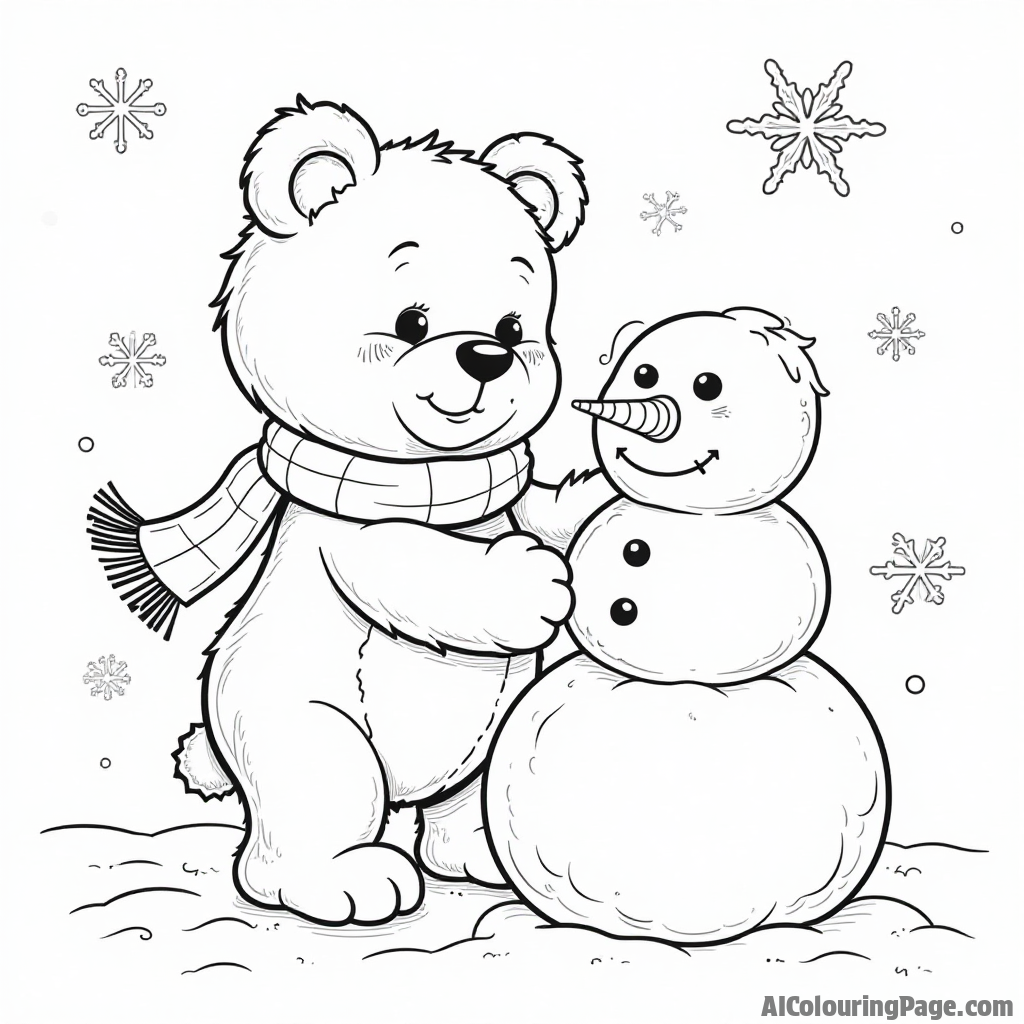 A teddy bear making a snowman in winter, with a scarf and a carrot nose, accompanied by playful snowflakes, perfect for a seasonal coloring page for children.