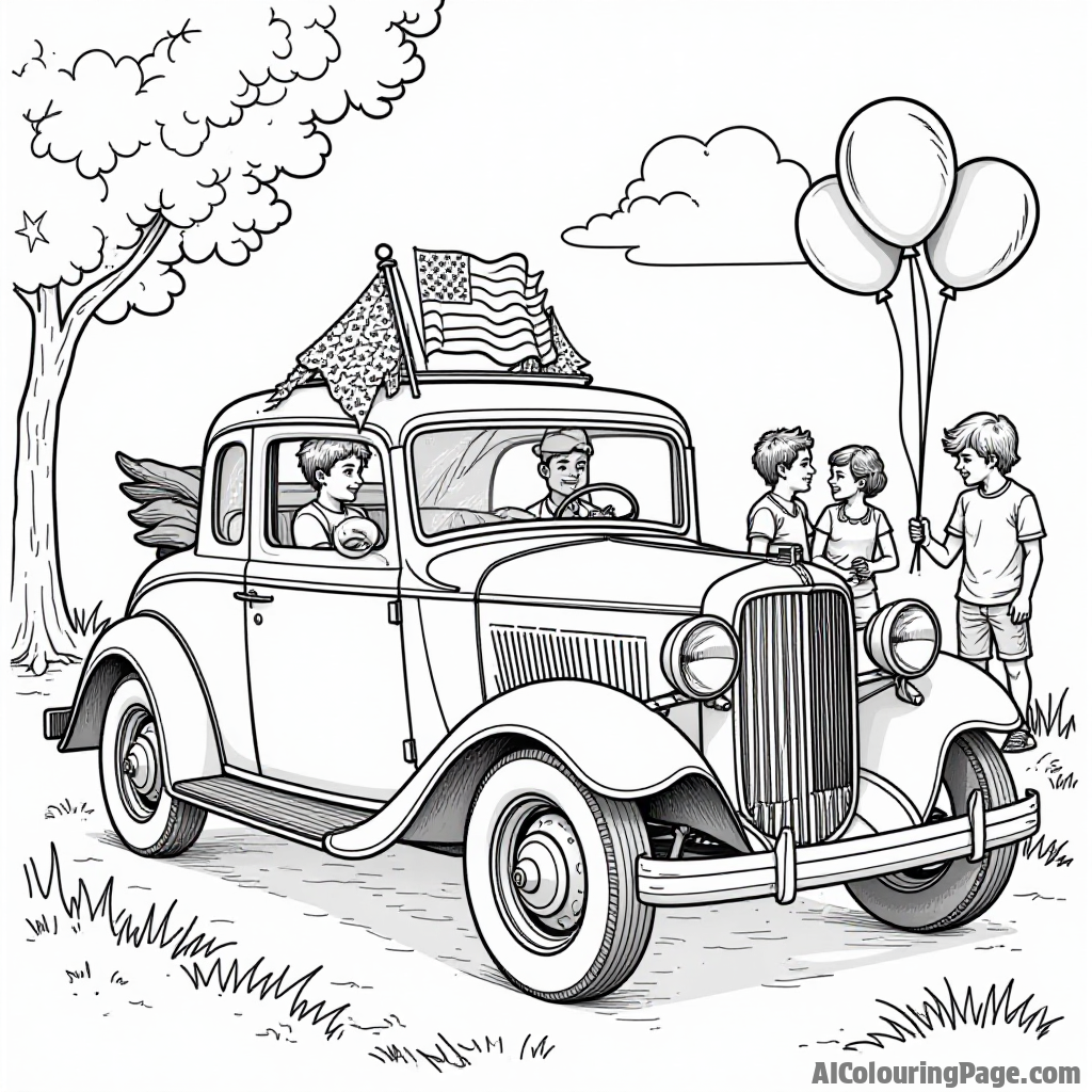 A vintage car decorated with flags and balloons, parked at a community event with children playing games and enjoying ice cream on the 4th of July.