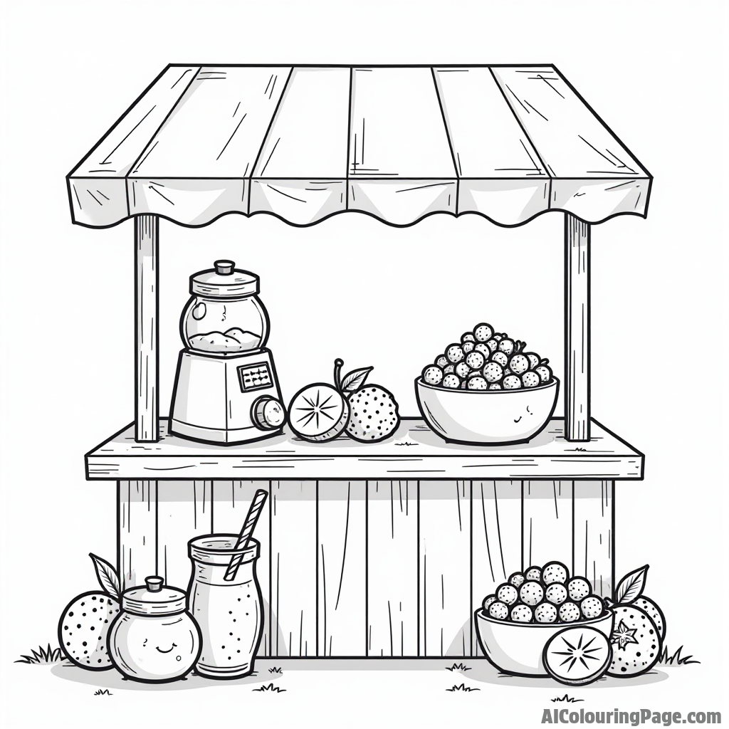 A cheerful fruit and candy smoothie stand with colorful fruits, jars of candy, and blender for kids to color creatively.