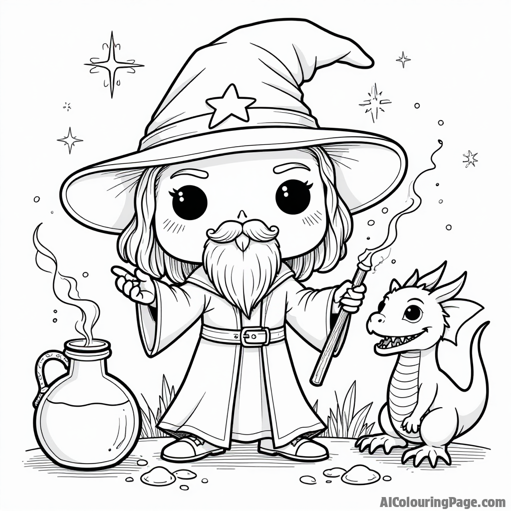 A Funko Pop character dressed as a wizard casting spells, surrounded by magical potions and a friendly dragon, creating an enchanting scene for children to color and explore their imagination.