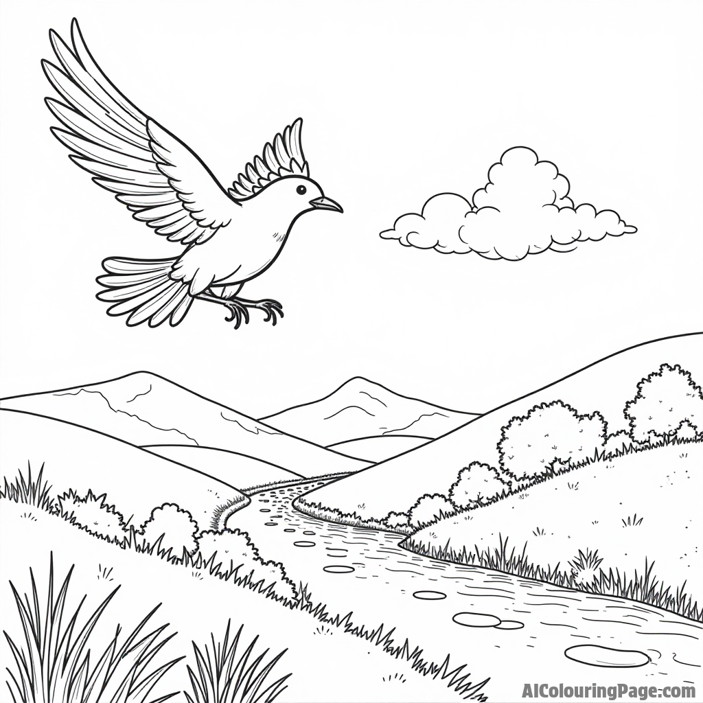 A happy Pidgey flying high above a beautiful countryside landscape with rolling hills and a sparkling river below.