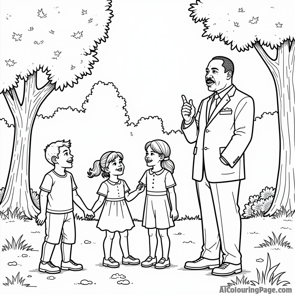 A family enjoying a day at the park with Martin Luther King Jr. giving a speech, trees in the background, and children playing, all designed for creative coloring fun.