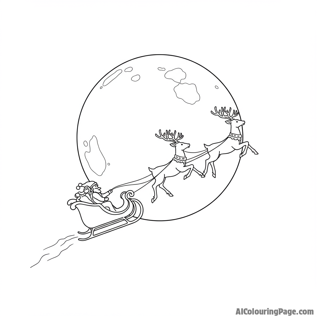 A silhouette of a reindeer pulling a sleigh across a full moon, magical nighttime journey.