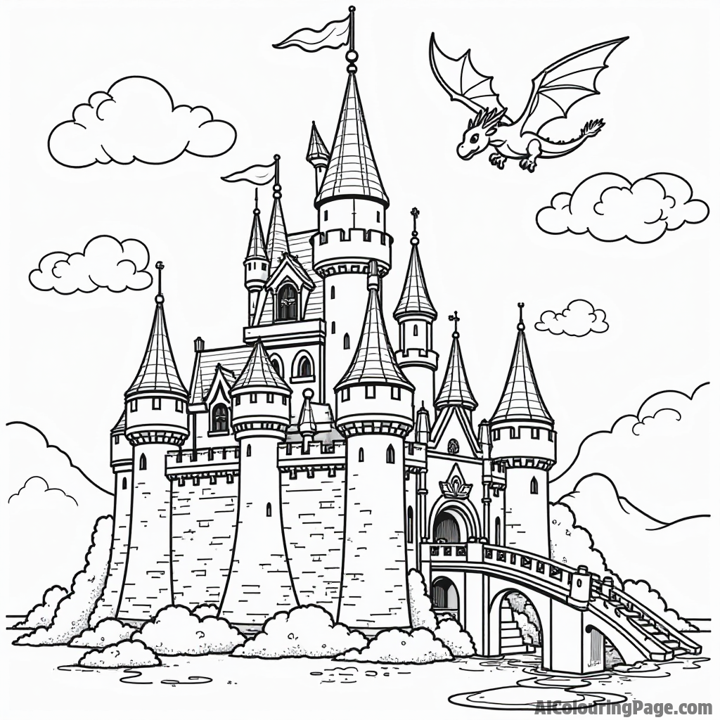 A detailed LEGO castle with tall towers, a drawbridge, and a friendly dragon flying above it in the sky.