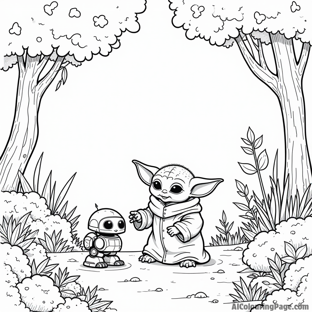 Baby Yoda playing with a small droid in a lush forest surrounded by whimsical plants