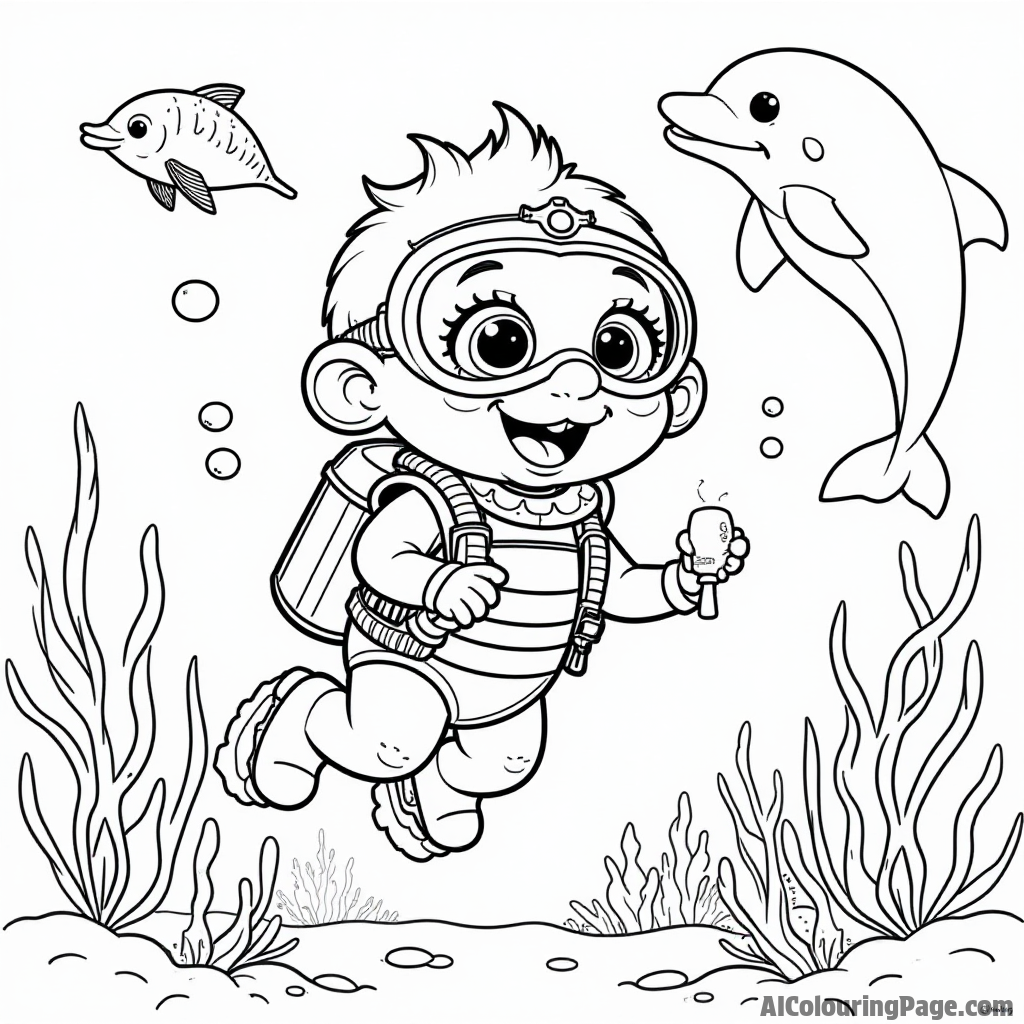 A Muppet baby exploring an underwater world in scuba gear, surrounded by fish, coral, and a friendly dolphin swimming by.