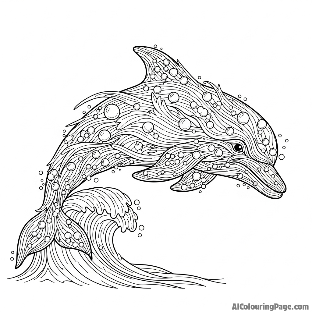 A fantastical dolphin made entirely of swirling water, air bubbles, and ocean currents.