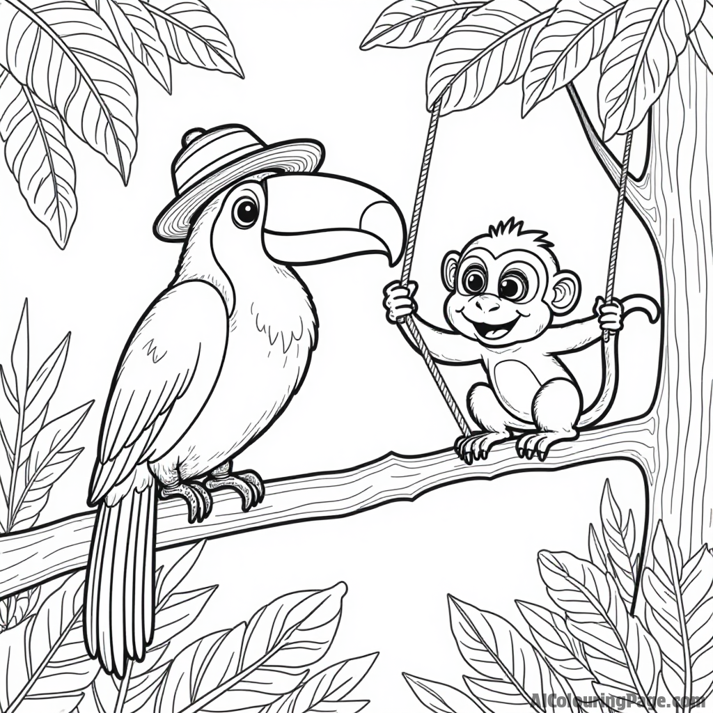 A toucan wearing a colorful hat sitting beside a playful monkey swinging on a vine in a jungle scene.