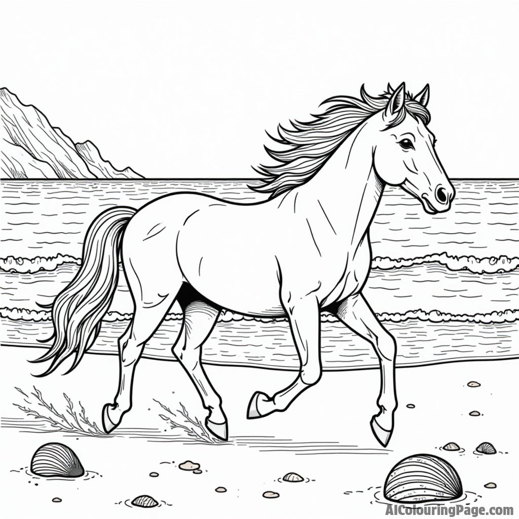 A pony trotting along a sandy beach with seashells scattered and waves gently lapping at the shore.