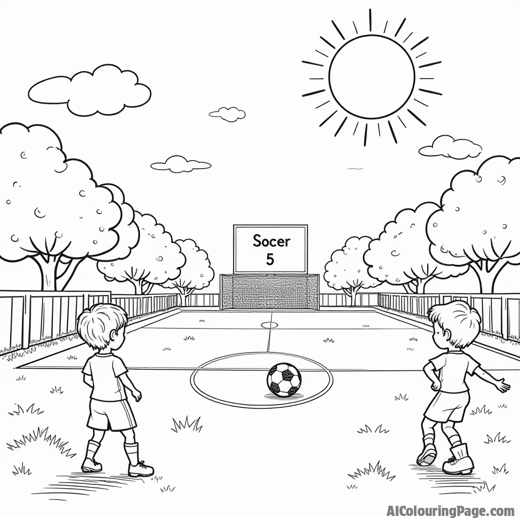 A soccer field with a big sun shining, a scoreboard showing the score, and kids playing happily, all outlined for a delightful black and white coloring page.