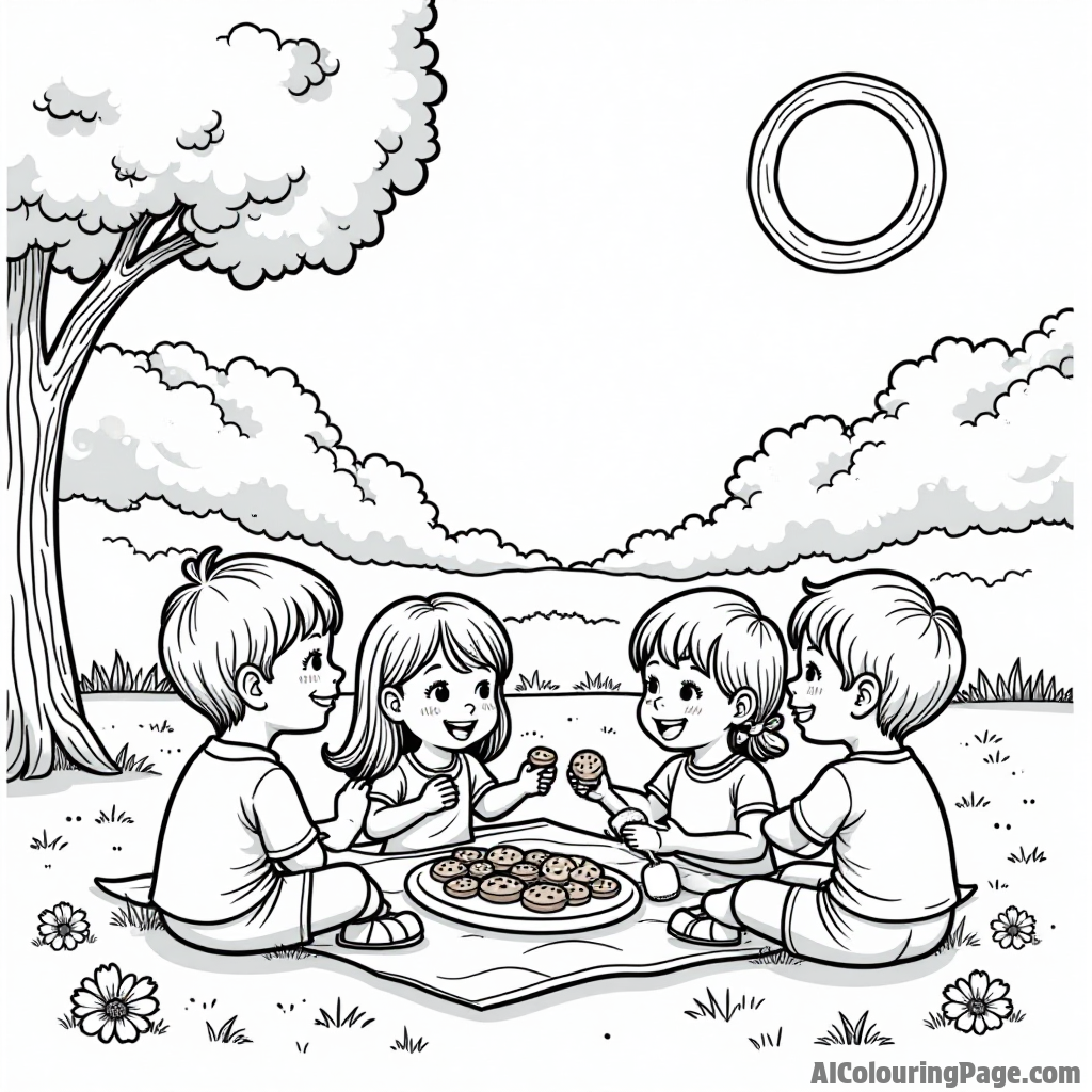 A delightful picnic scene with children enjoying cookies, fruits, and lemonade under a bright blue sky at the park.