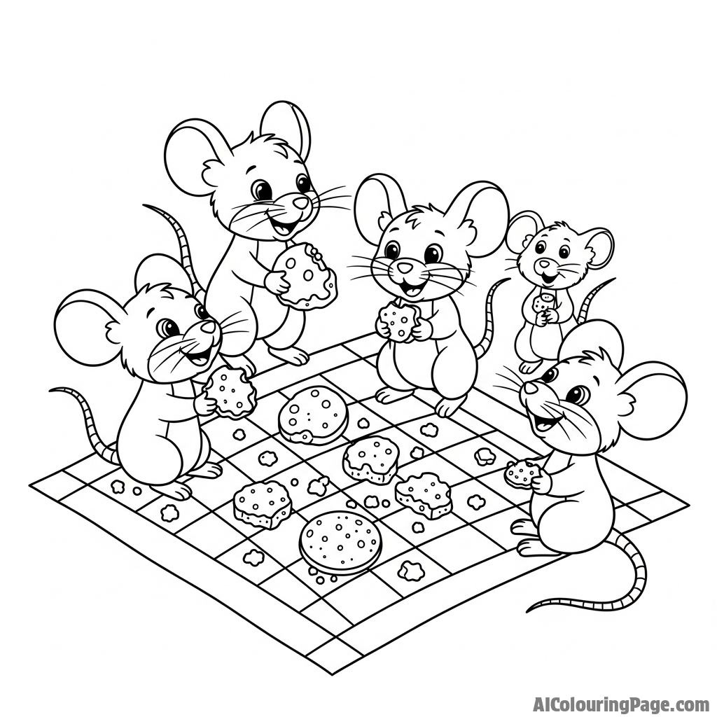 A group of mice having a picnic on a patterned napkin, with crumbs as their feast.