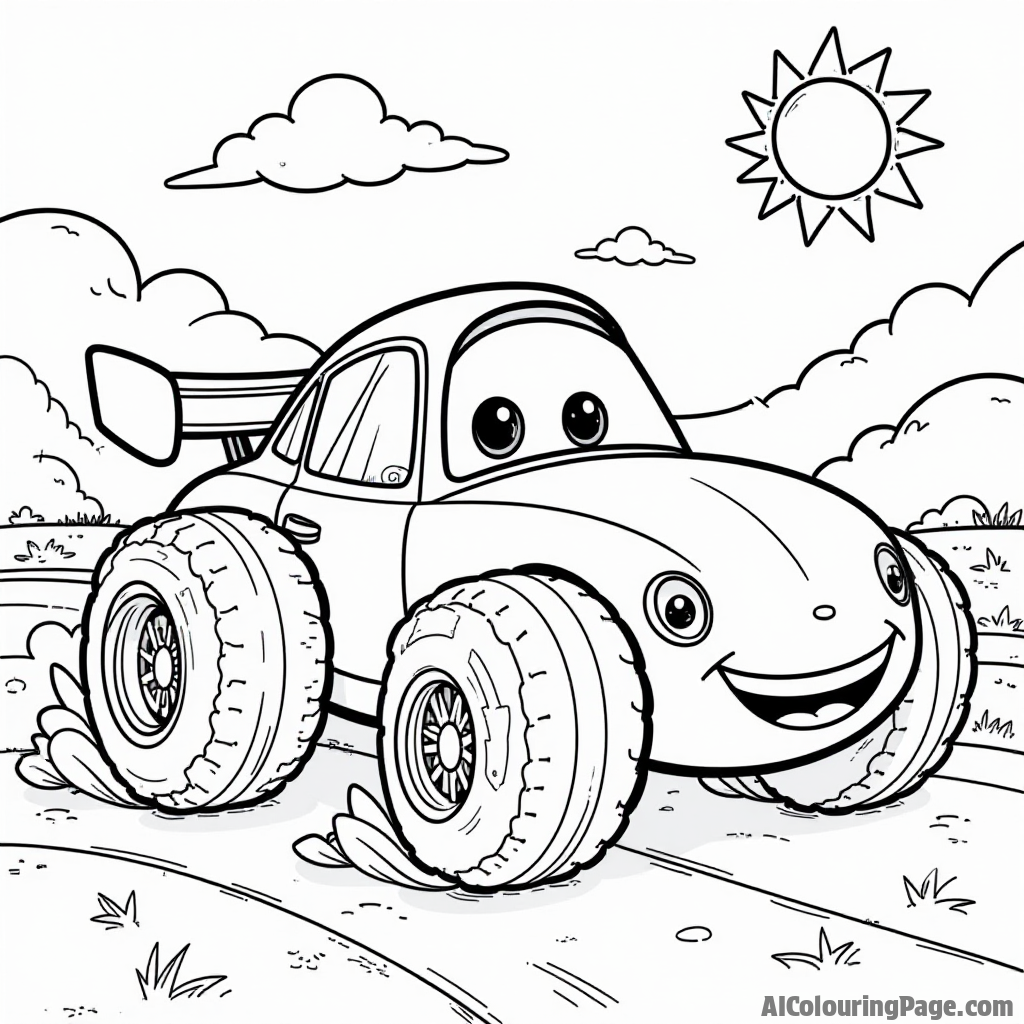 A cartoonish race car with oversized wheels and a big smile, driving through a whimsical landscape filled with clouds and sunshine, perfect for imaginative coloring fun.