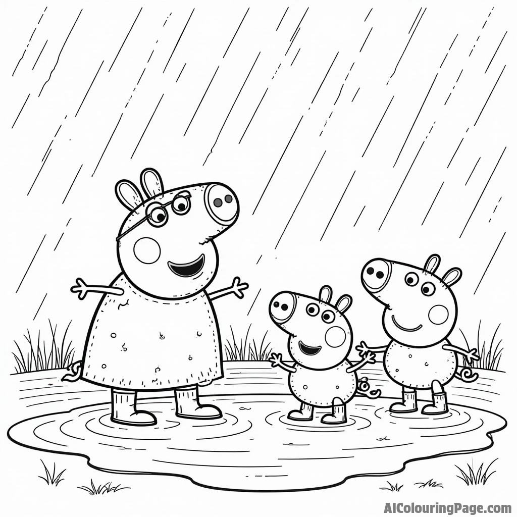 Peppa Pig and her friends splashing in a big puddle after a rainstorm, with colorful rain boots and smiles everywhere.