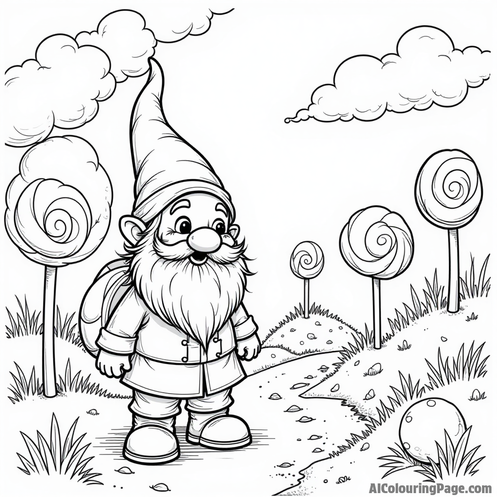 A gnome exploring a candy land filled with lollipop trees, cotton candy clouds, and sweet treats everywhere for coloring.