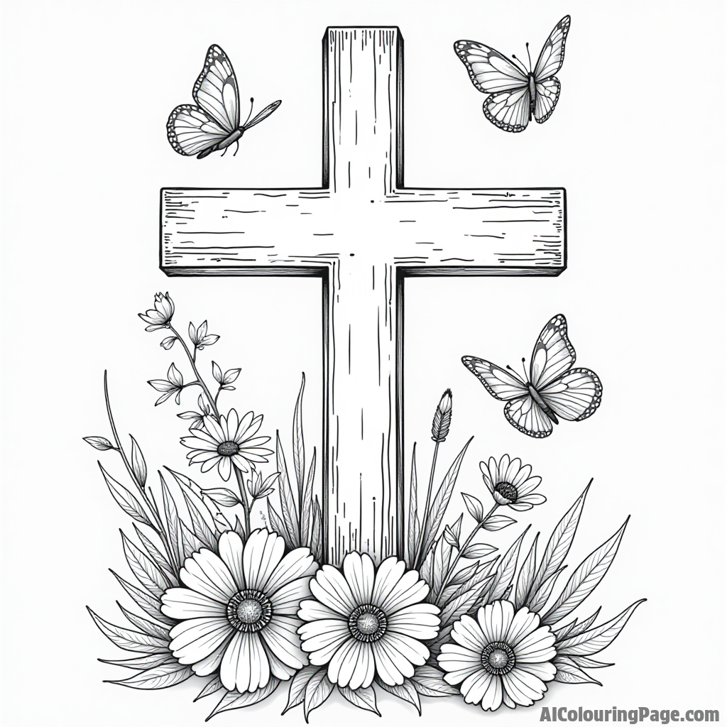 A beautiful cross surrounded by flowers, with butterflies dancing around and a soft breeze gently blowing.