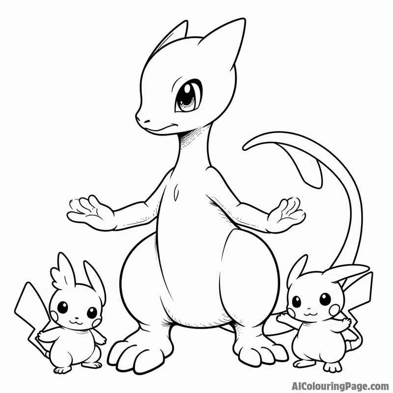 Mewtwo surrounded by smaller Pokemon