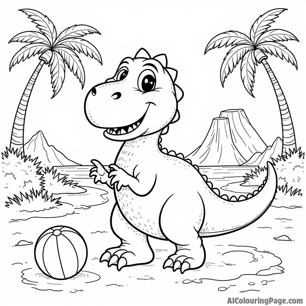 A friendly dinosaur playing with a beach ball, surrounded by palm trees and volcanoes, creating a fun prehistoric scene.