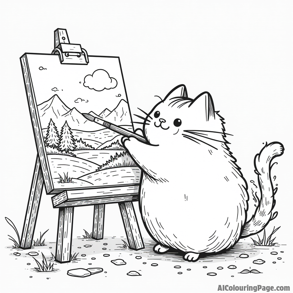 Pusheen painting a beautiful landscape on an easel surrounded by paintbrushes and splashes of color everywhere