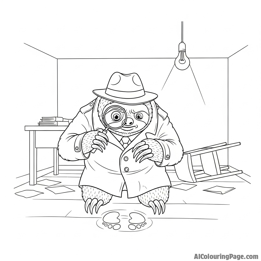 A sloth dressed as a detective, examining a clue with a magnifying glass in a dimly lit room.