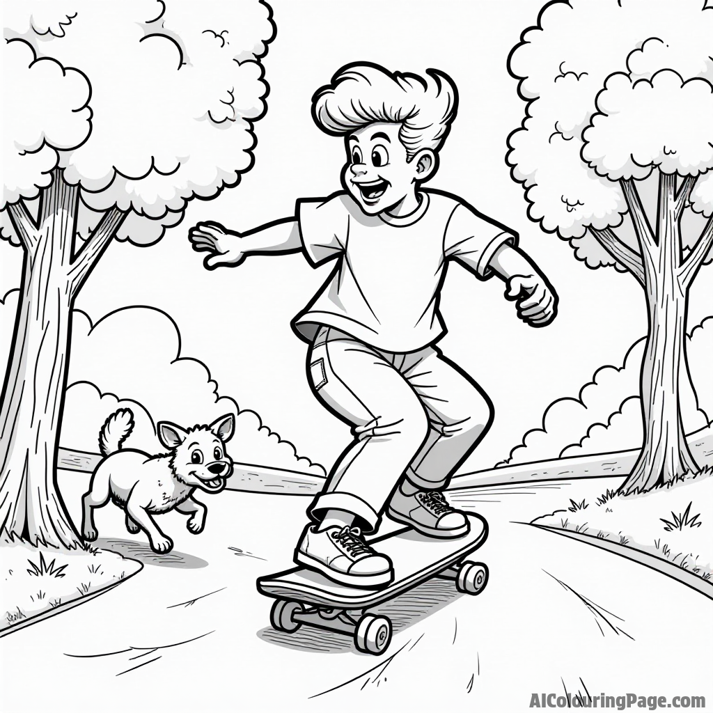 Johnny Bravo riding a skateboard in a park with trees and a dog chasing him