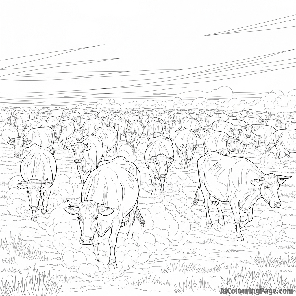 A vast herd of cows moving slowly across a dusty, windswept plain.