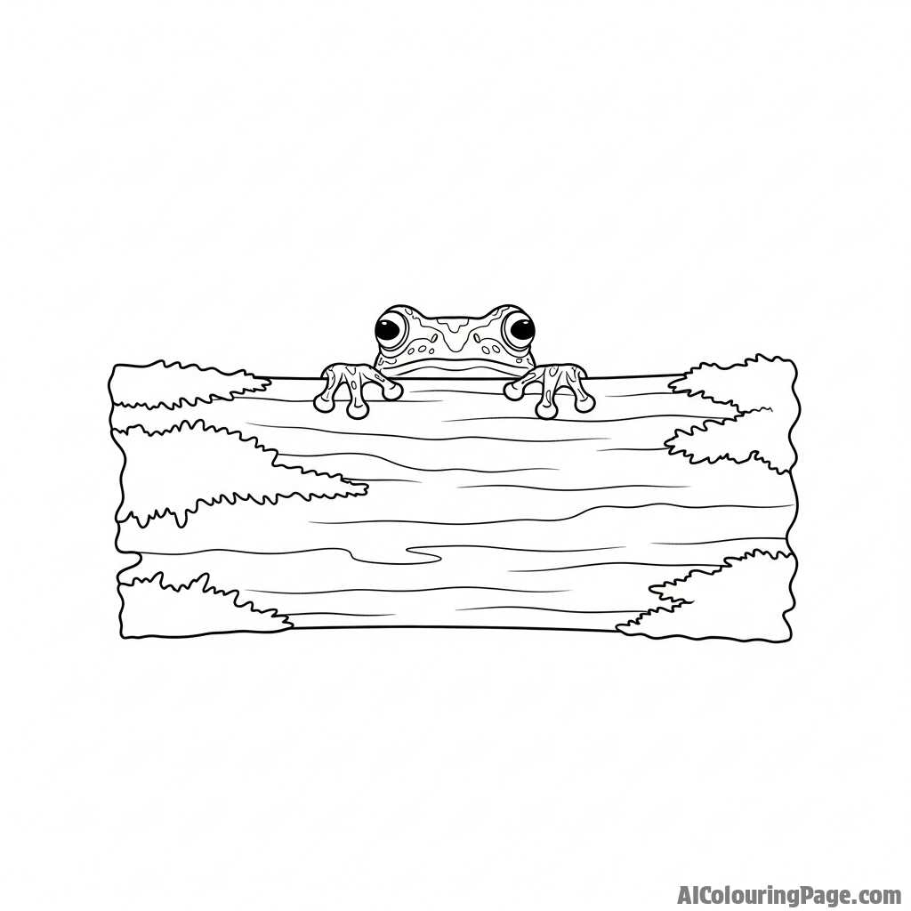 A photorealistic rendering of a frog peering over the edge of a mossy log.