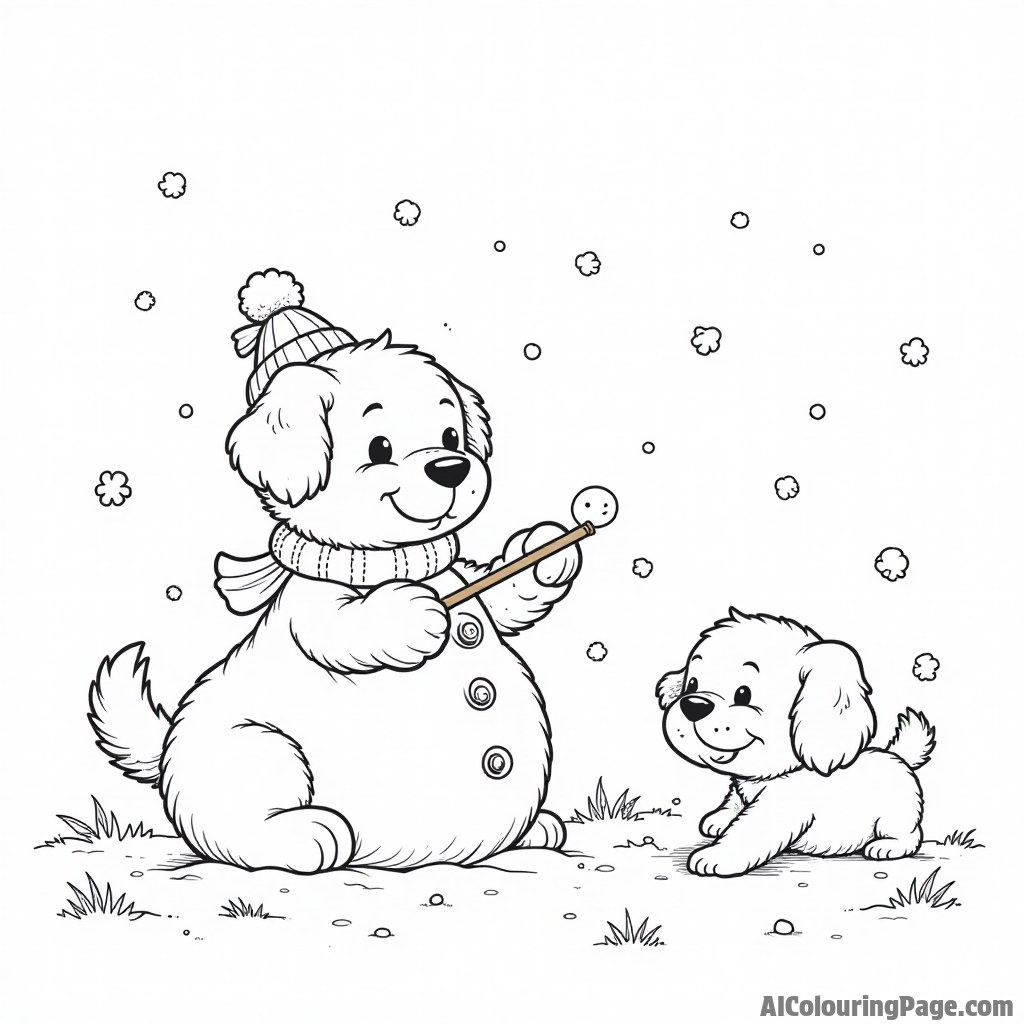 A puppy playing in the snow with a snowman, snowflakes falling around, and other puppies having a snowball fight nearby.