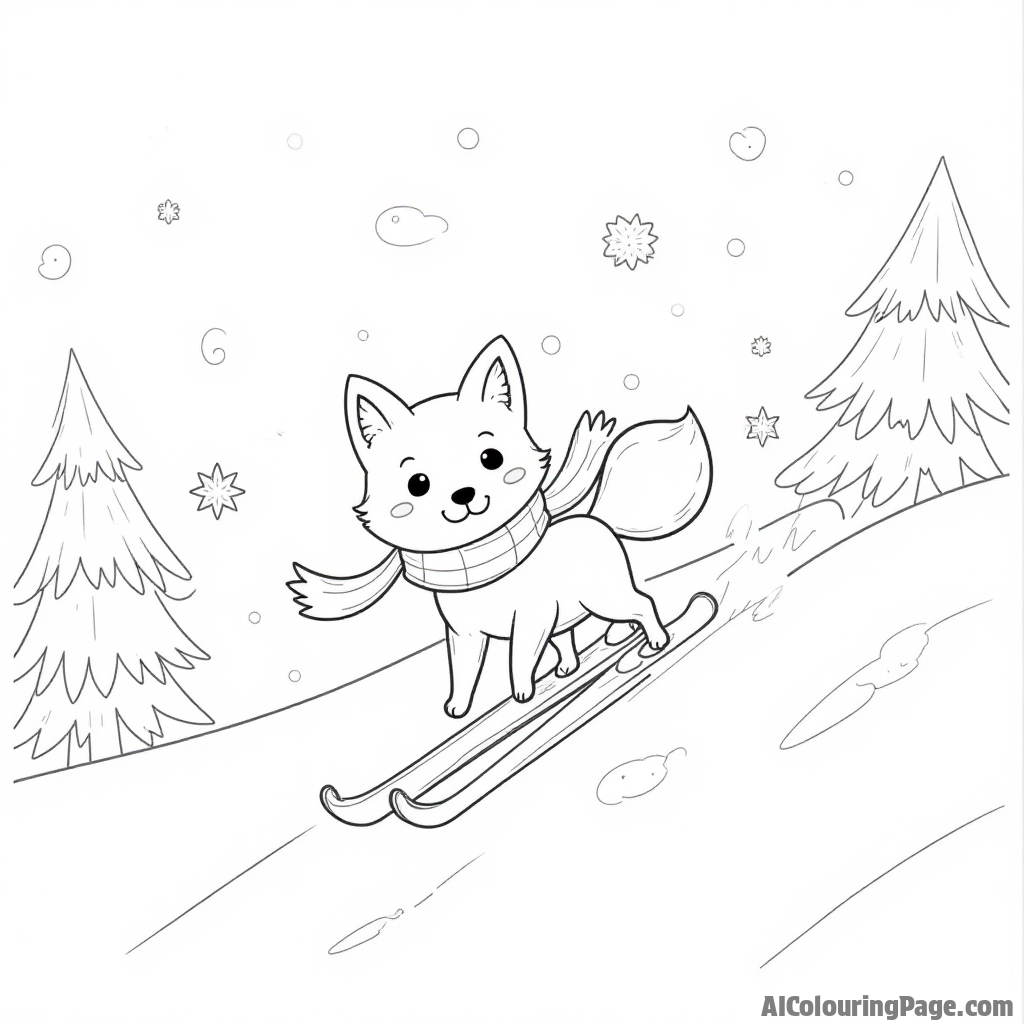 A cute fox wearing a scarf skiing down a hill, with a snowy forest in the background and playful snowflakes falling around, creating a delightful winter scene for kids to enjoy.