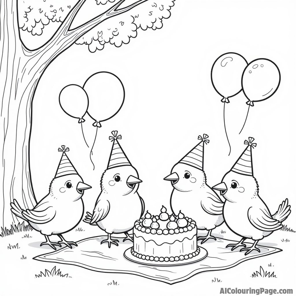 Three birds wearing funny hats celebrating with balloons at a picnic under a tree next to a pig-shaped cake