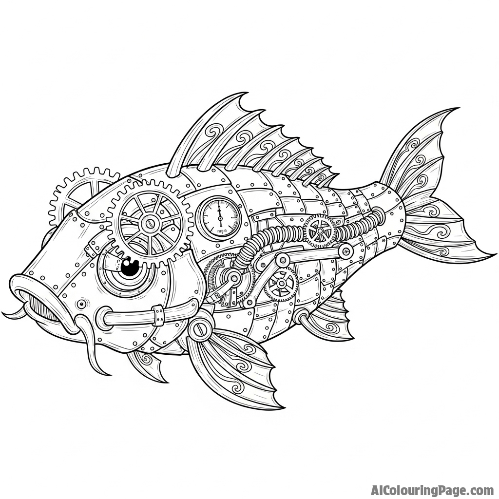 Steampunk-inspired koi with visible brass gears and intricate clockwork mechanisms.