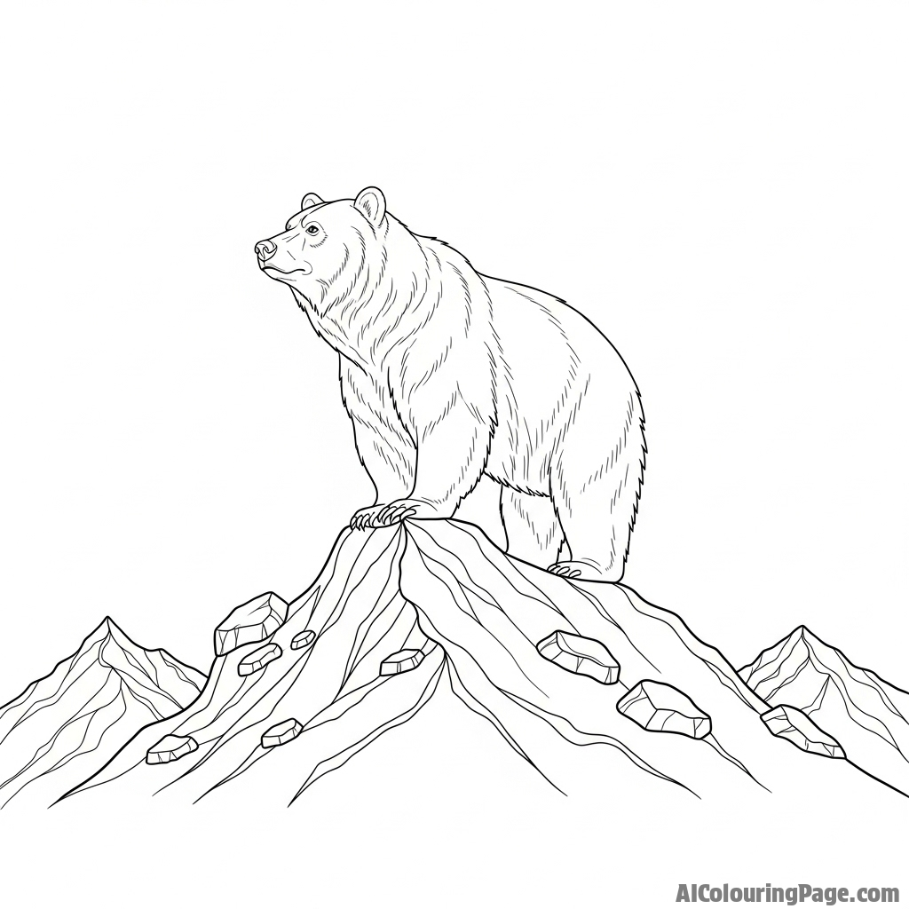 A majestic bear standing on a mountain peak, surveying its domain.