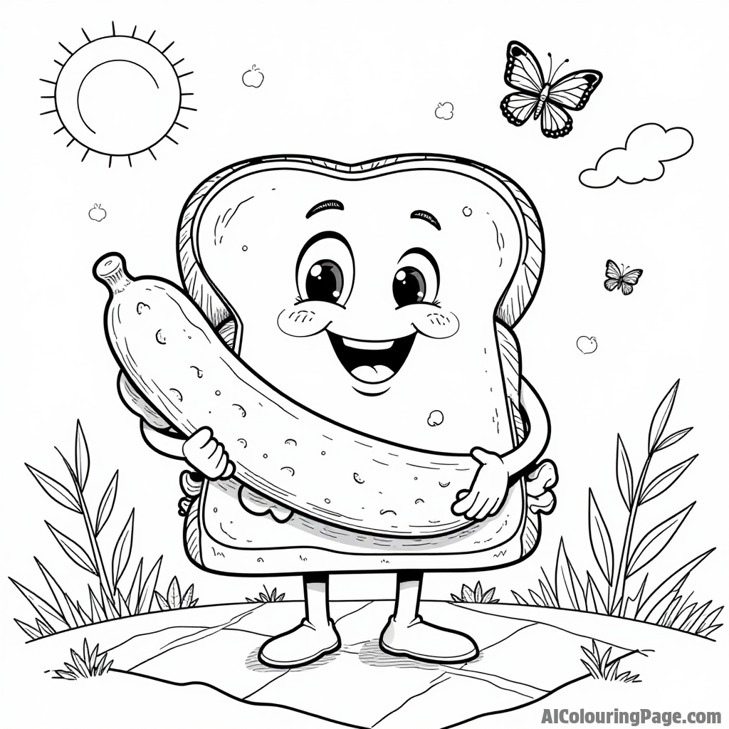 A cheerful sandwich character with arms and legs, holding a giant pickle in a sunny picnic setting with butterflies.