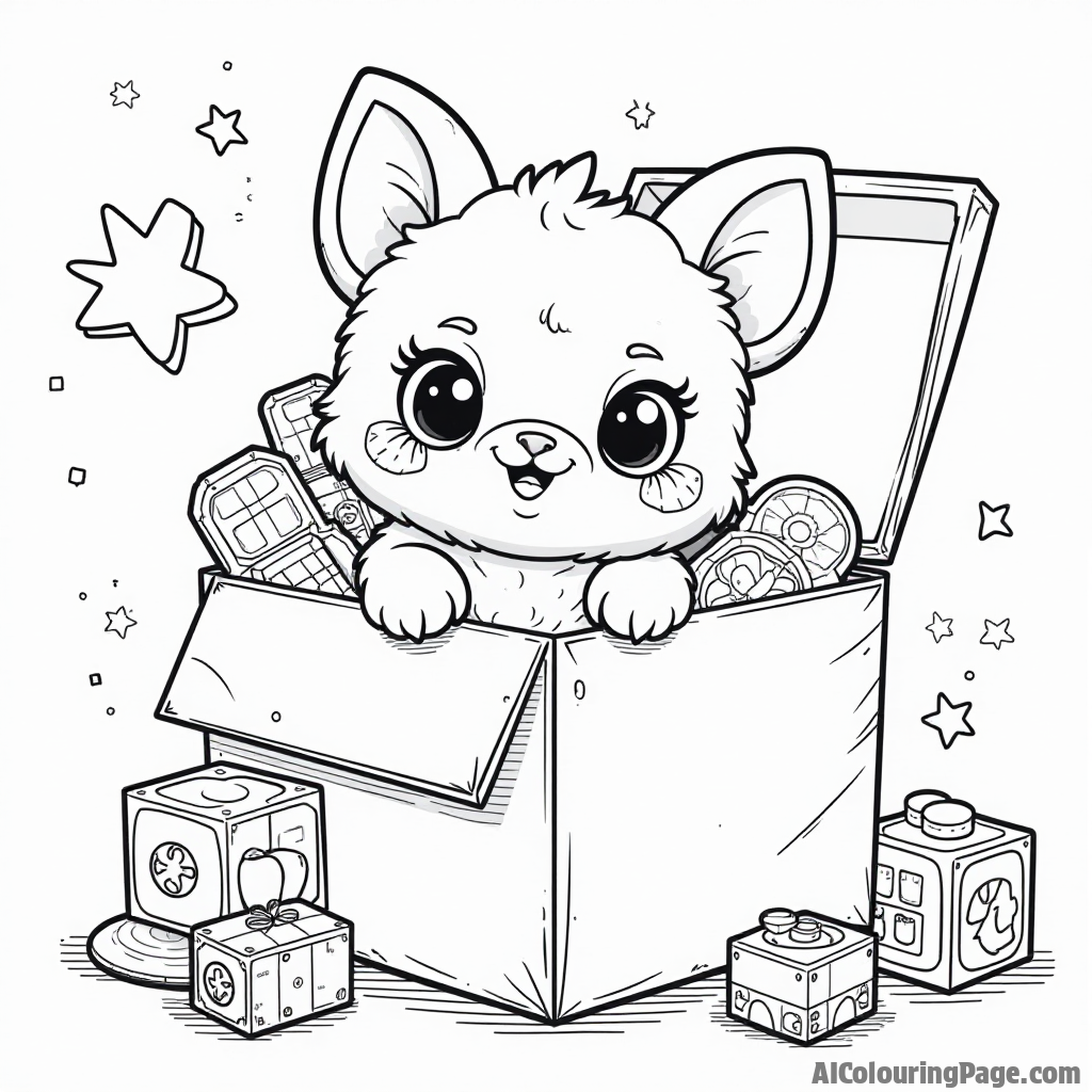 A Hatchimal peeking out of a toy box filled with various games and puzzles, encouraging creativity and fun, perfect for children to color vibrantly in this Toys and Games Coloring Pages theme.