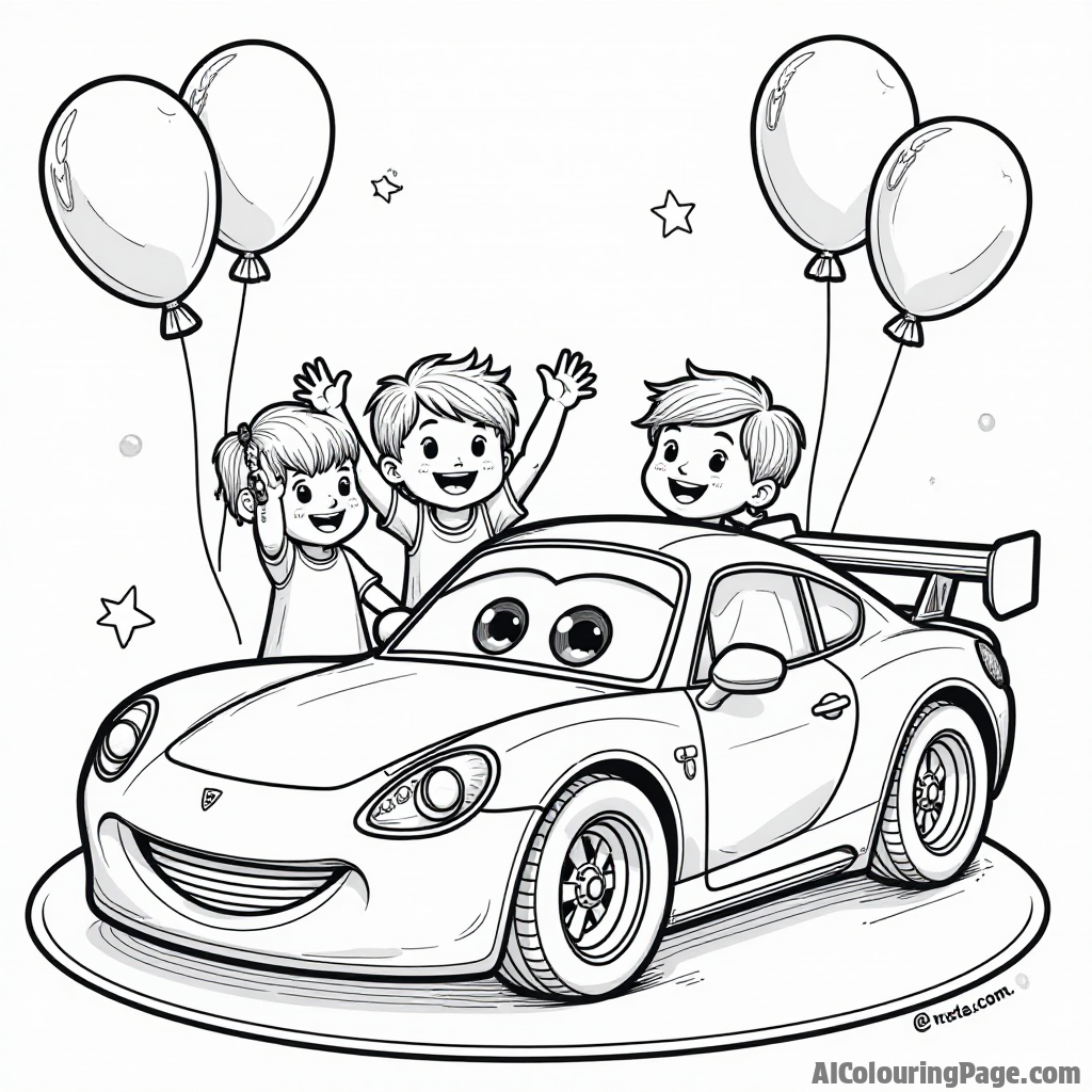 A race car themed birthday party with balloons, a cake shaped like a car, and excited kids in the background, inviting children to celebrate and color their festive day.