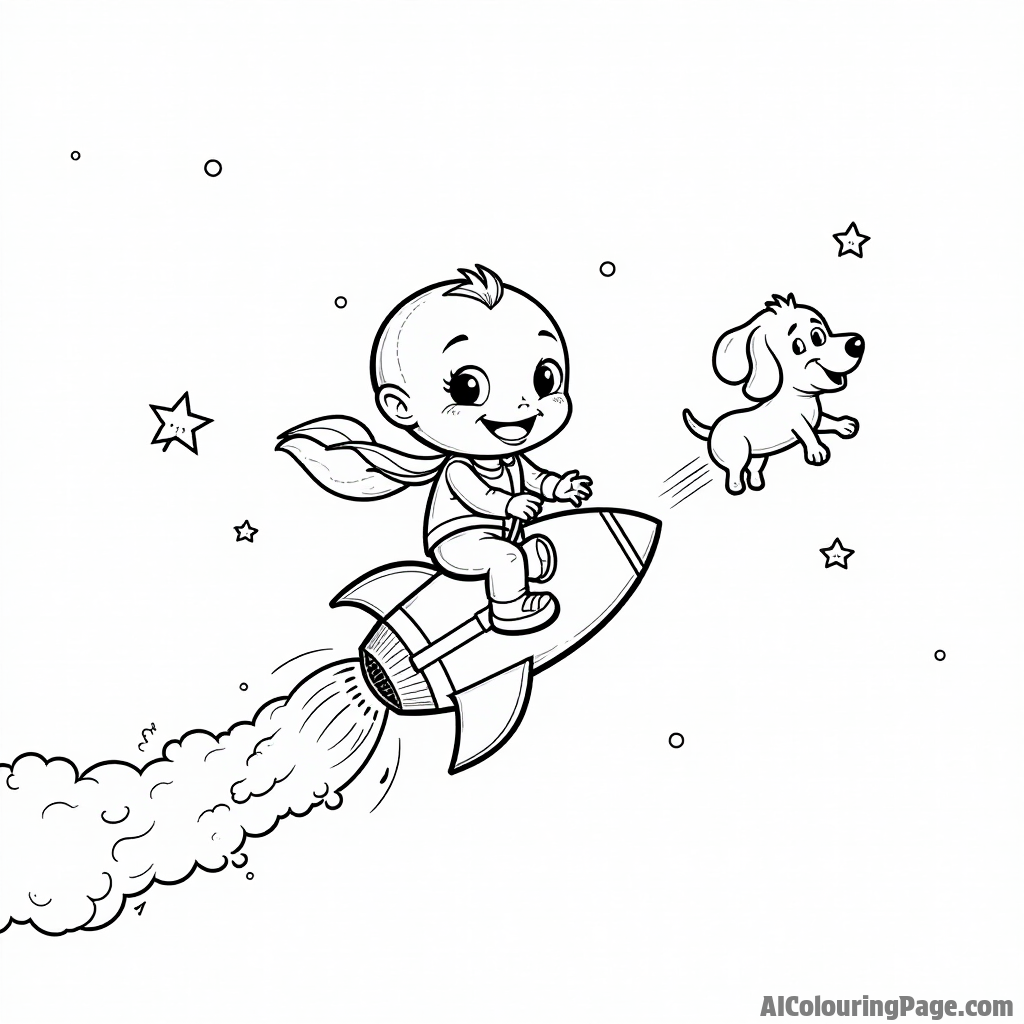 A playful alien child flying a small rocket with a big smile, while a friendly dog floats beside them.