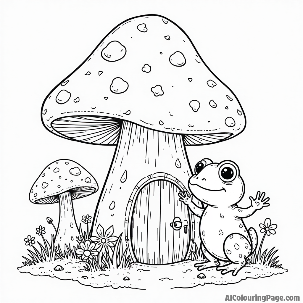 A cozy Mushroom house with a garden filled with flowers and Toadstools, with Toad waving happily.