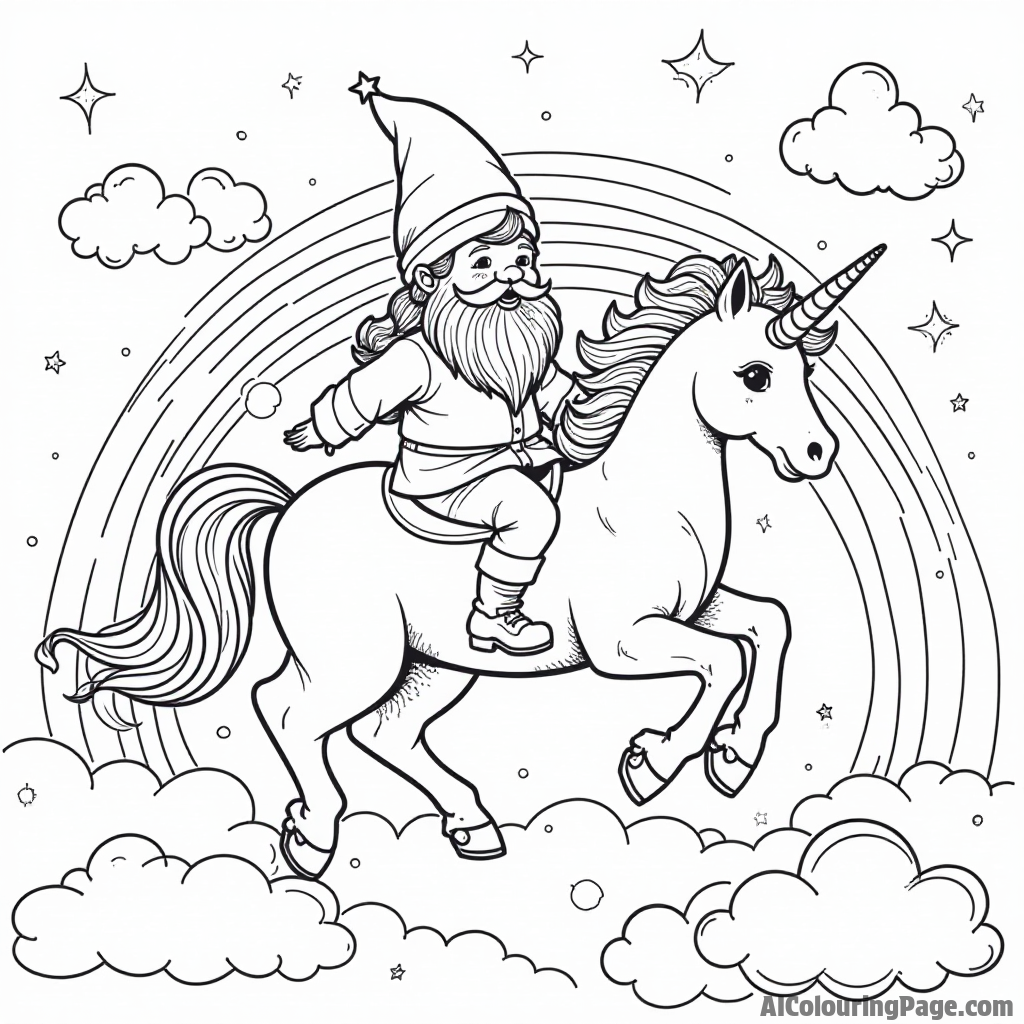 A gnome riding a unicorn through a rainbow, with clouds and sparkling stars creating a magical atmosphere around.