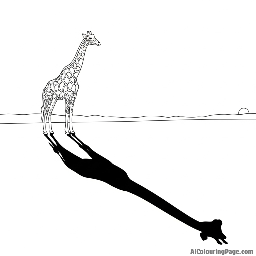 The elongated shadow of a giraffe stretching across the land at dusk.