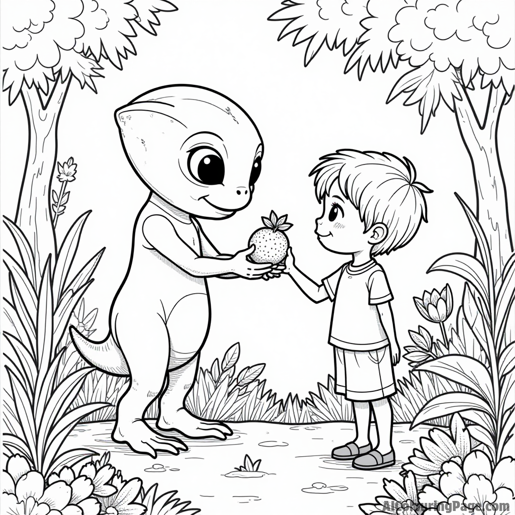 A friendly alien creature offering a young human a strange fruit in a lush garden, surrounded by colorful flowers and plants.