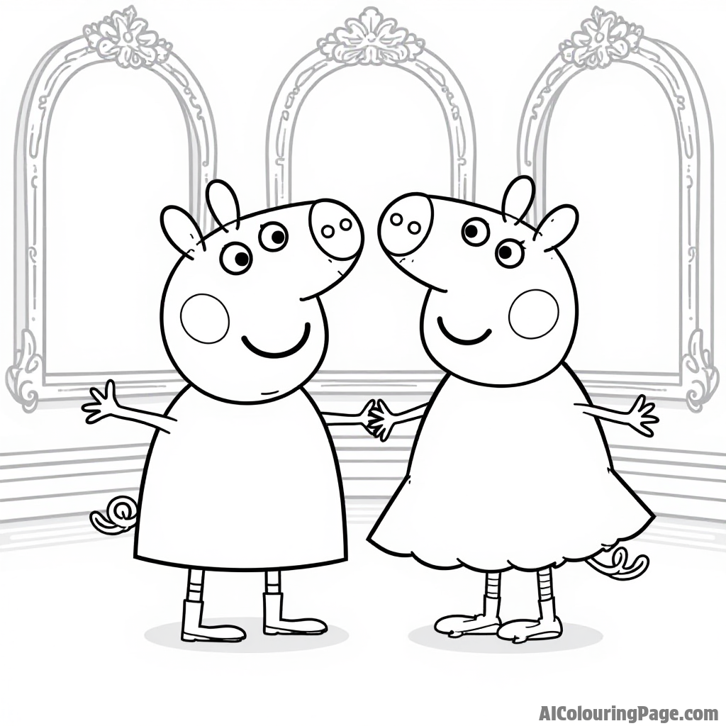 Peppa Pig dressed as a ballerina, dancing with her friend Suzy Sheep in a beautiful dance studio filled with mirrors.